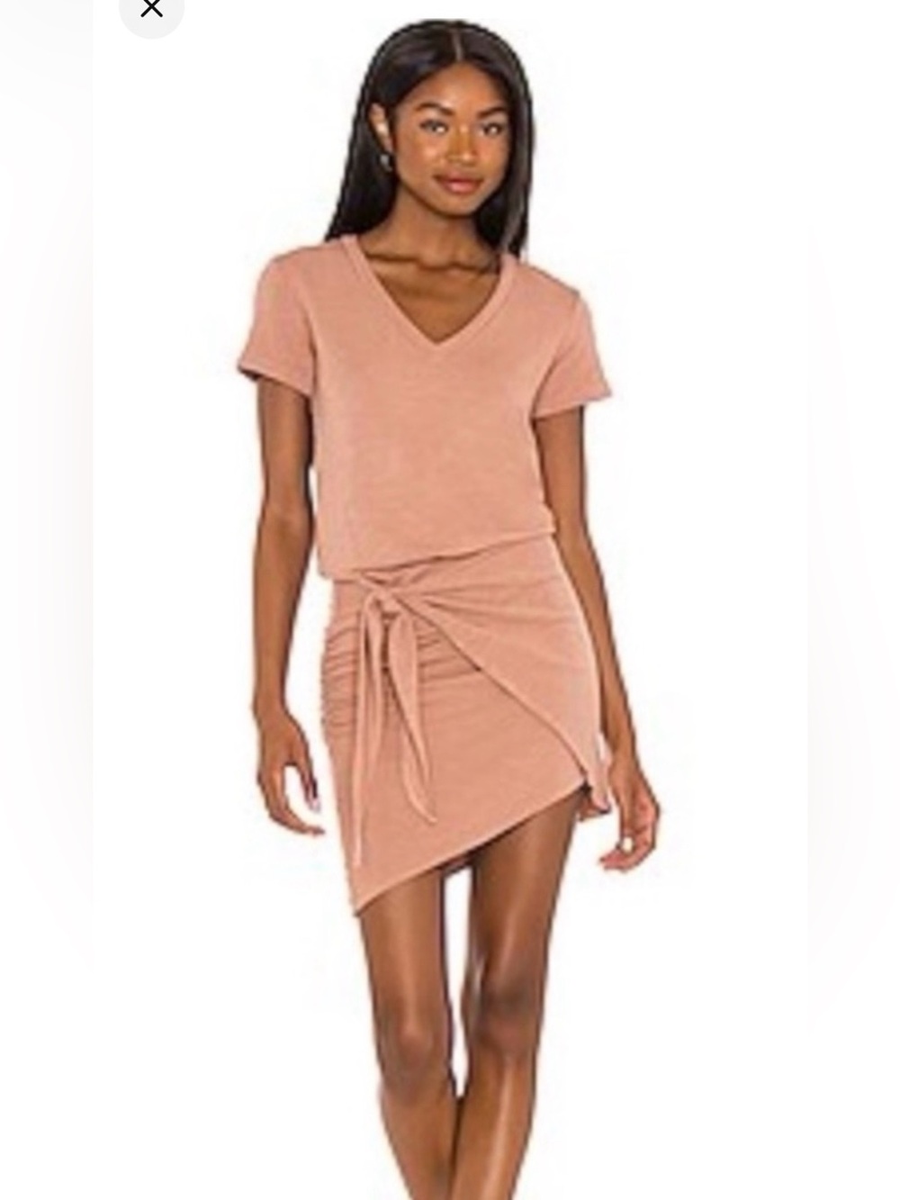 Monrow x Revolve Supersoft V-Dress in Dry Rose with ruched wrap design side tie